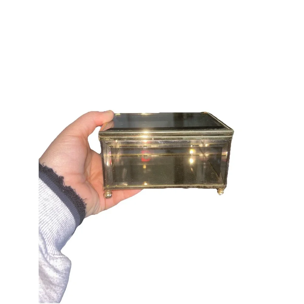 Vintage Brass And Beveled Glass Jewelry Box With Mirror 4 Footed Red Felt Bottom